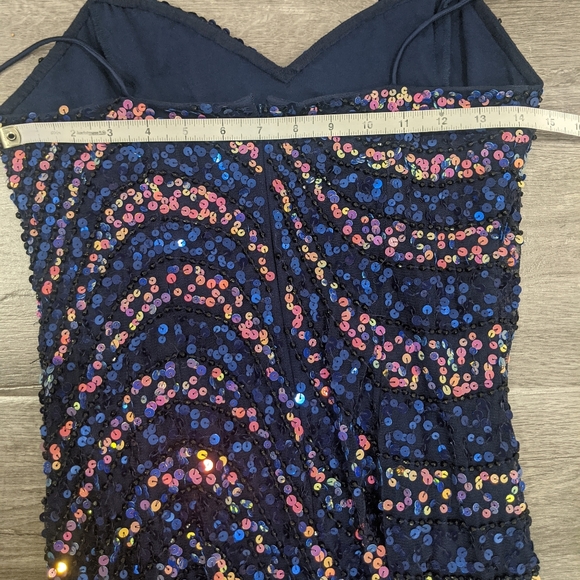 Adrianna Papell Spaghetti Sweetheart Navy Sequin Maxi Dress - Picture 11 of 15